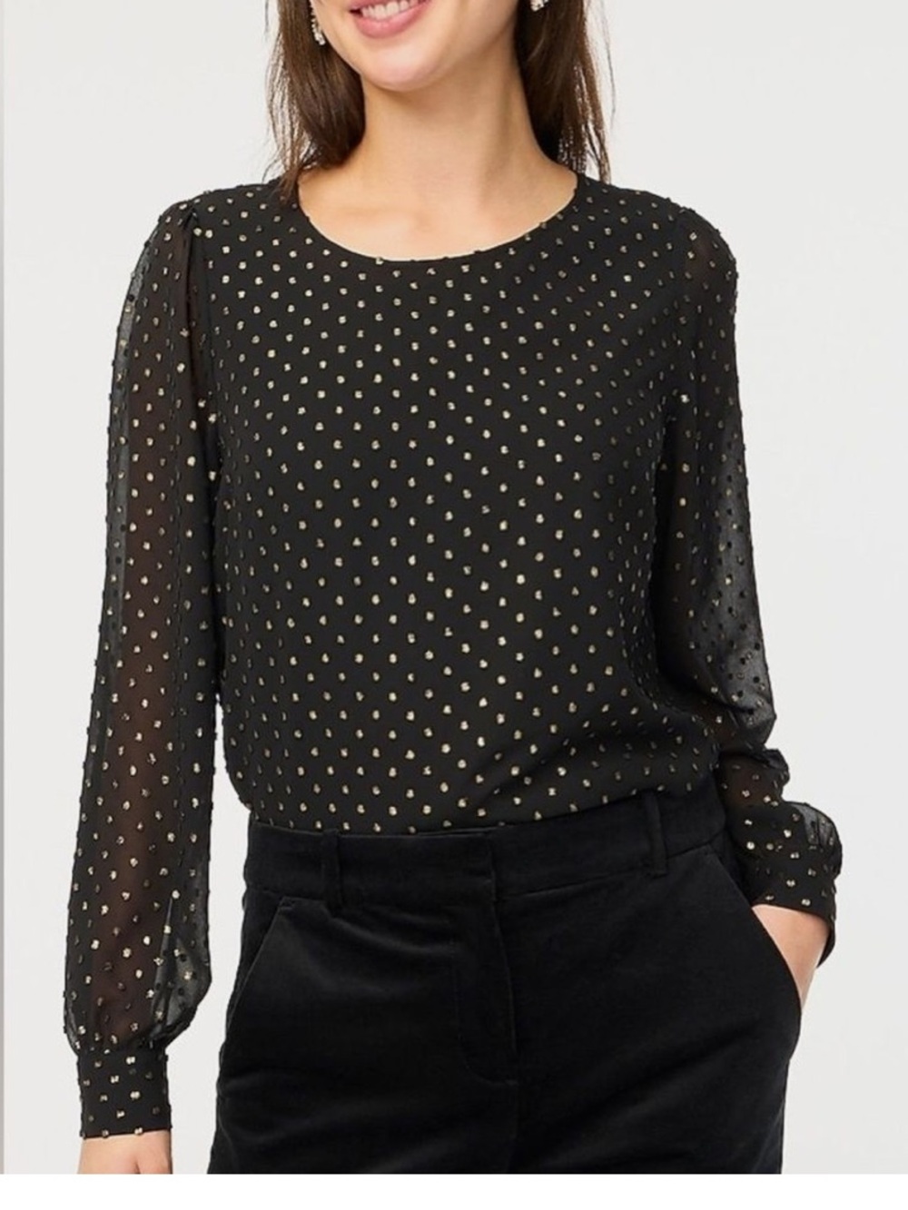 J.Crew Women's Black gold Metallic Dot Long-Sleeve Blouse women’s size L NEW